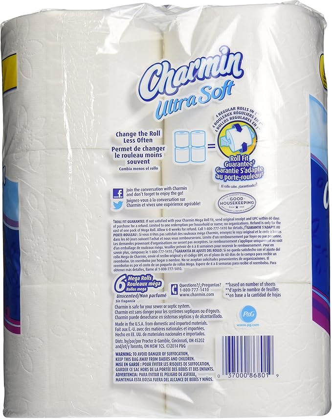 Charmin Ultra Soft Toilet Paper 6 Mega Rolls = 24 Regular Rolls