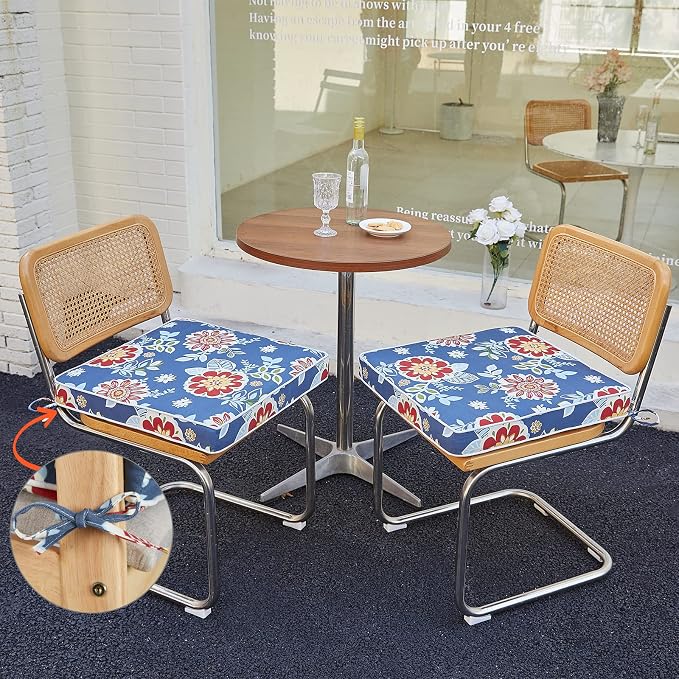 JMGBird Outdoor Chair Cushions Set of 2 - Waterproof Patio Seat Cushions 19x19 Inch with Ties, Blue Flower Floral Pattern High Density Foam Square Cushions for Garden Furniture