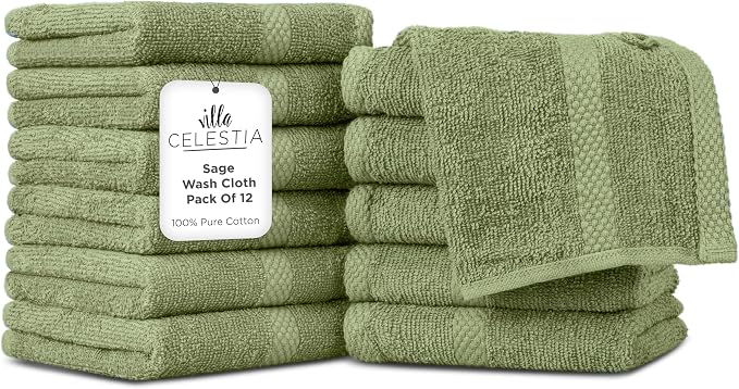 Villa Celestia Cotton Washcloths Set of 12, 12x12 Inch, 100% Ring-Spun Combed Cotton, Soft Absorbent Quick-Dry Wash Cloths for Face and Body, Oeko-TEX Certified, Hotel & Spa Quality, Sage