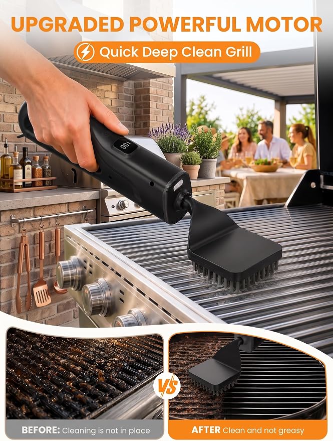 Electric Grill Brush with LED Light, Grill Cleaner for Outdoor Grill（Black） | Reciprocating Cleaning Action, Hot Grill Cleaning, Brushless Motor, 3-5H Runtime, LED Light, Ergonomic Handle, 4 Heads Kit