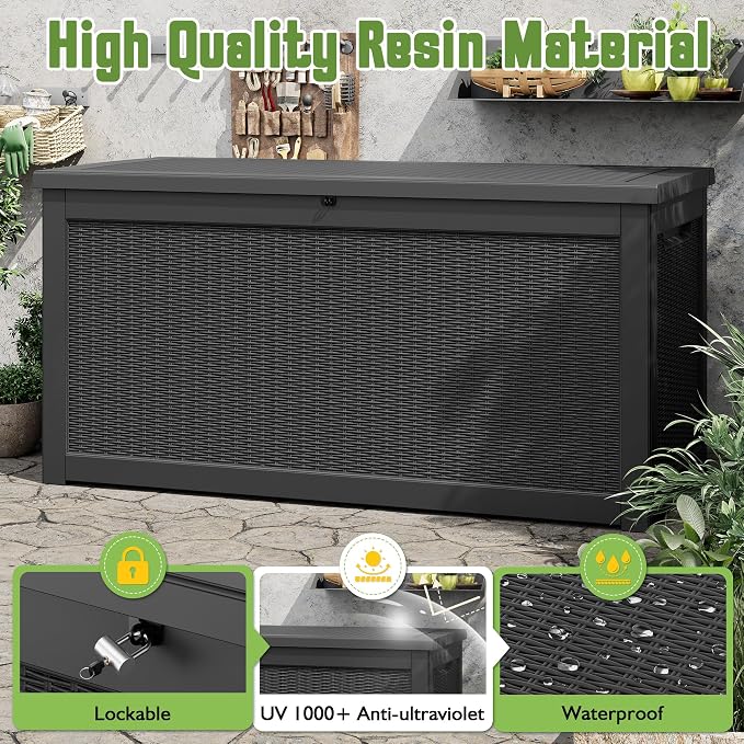 330 Gallon Outdoor Storage Box, Resin Large Deck Box Outdoor Waterproof Storage Bench with Lockable Lid for Patio Cushions, Garden Tools, Package Delivery, Pool Supplies, Black
