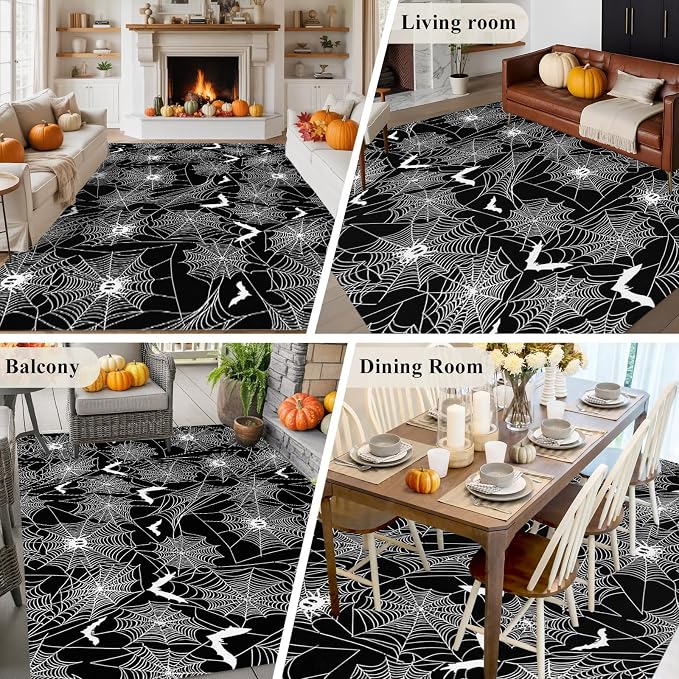 8 x 10 Ft Large Area Rug for Living Room, Halloween Indoor Accent Rugs for Bedroom, Black Scary White Bat Animal Net Geometric Decorative Modern Carpet Washable Low Pile Non Slip Rug for Dining Room