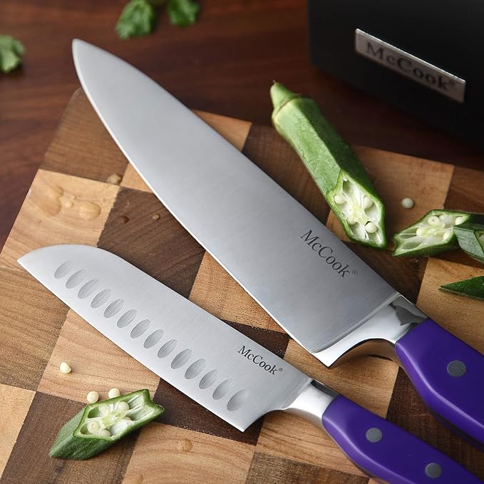McCook MC27 14 Pieces Stainless Steel kitchen knife set with Wooden Block, Kitchen Scissors and Built-in Sharpener, Purple | German Forged Stainless Steel,15 PC,Razor Sharp, Anti-Rust, Ergonomic Handle,Full Tang,Vibrant Purple,Gift Box