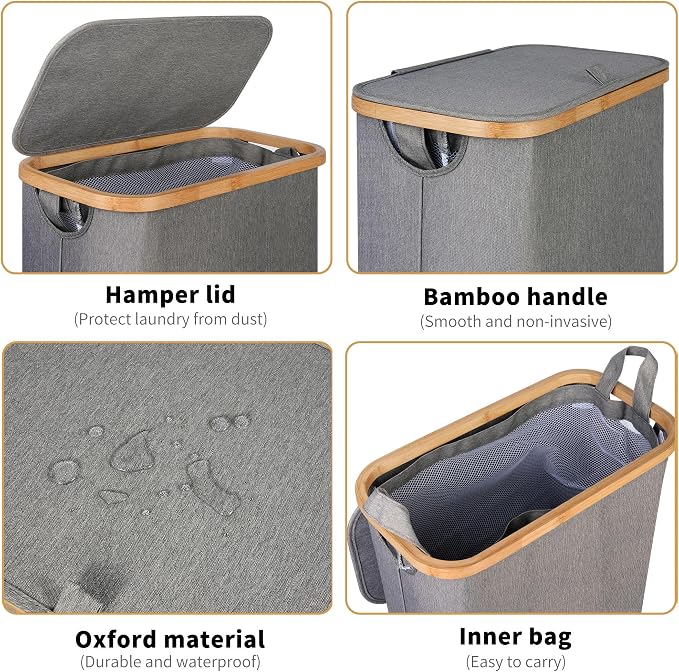 iEGrow 65L Slim Laundry Hamper, Narrow Laundry Basket with Lid,Foldable Clothes Hamper with Bamboo Handles,Hamper Basket with Removable Inner Bag for Laundry Room Bedroom College Dorm,17.17 Gals Grey