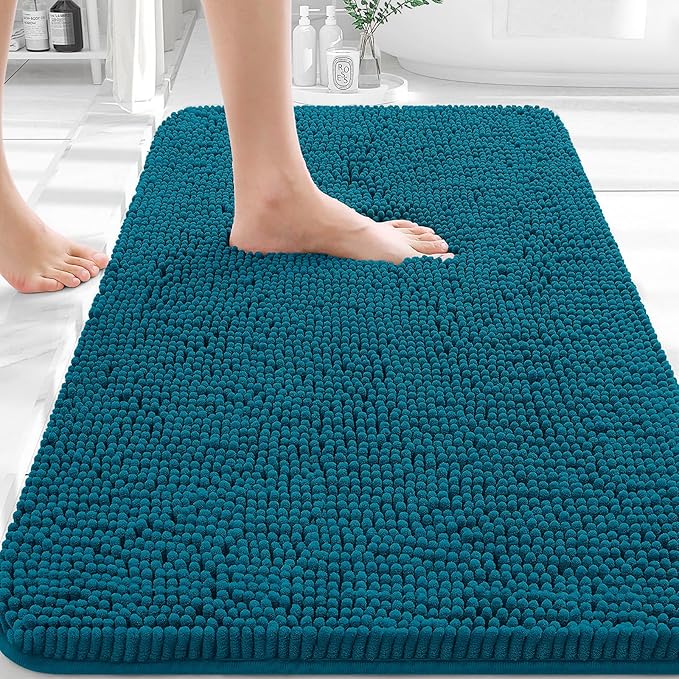 OLANLY Bathroom Rugs 32x20, Extra Soft Absorbent Chenille Bath Rugs, Rubber Backing Quick Dry, Machine Washable Bath Mats for Bathroom Floor, Tub and Shower, Home Decor Accessories, Peacock Blue