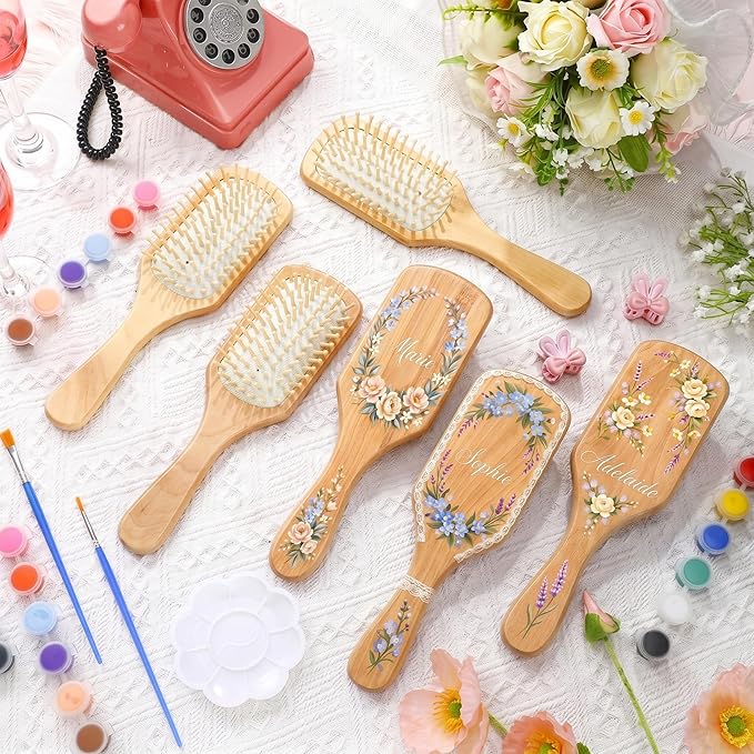 Meanplan 6 Set DIY Wooden Hairbrush Painting Kits Make Your Own Hair Brush Girls Hand-Painted Hairbrush Night Party Supplies with Paint Brush and Palette for DIY Gift Party Crafts