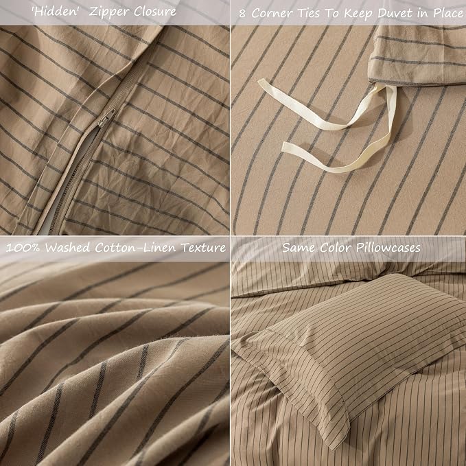 Stripe Duvet Cover Queen Size 90inch x 90inch,100% Washed Cotton Pinstripe Duvet Cover with Zipper Closure and 2 Pillowcases, Color of Light Camel-Black Stripe