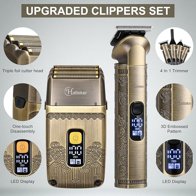 Hatteker Men Waterproof Cordless Beard Trimmer Clipper & Foil Shaver All-in-One Kit