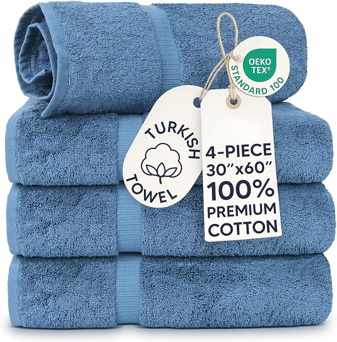 Chakir Turkish Linens 4 Piece Extra Large Bath Towels, 100% Cotton Luxury Turkish Towels for Bathroom, Soft Absorbent Bath Towels, 30 x 60 Inches, Wedgewood