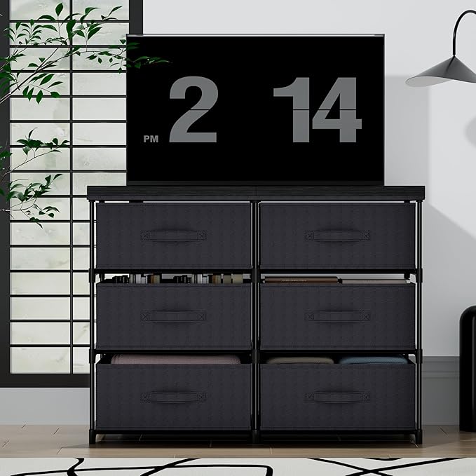 GcdPai Dresser with 6 Fabric Drawer Leather Desktop Sturdy Metal Plastic Support Tube Cube Storage Cabinet for Bedroom Organization Dorm Front Hall Entryway