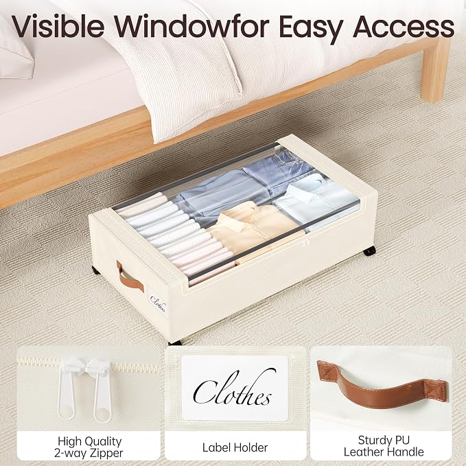Yecaye 82L Under Bed Storage Containers, Fits 9.4" Under Bed, 2 Pack, Beige | XXL Capacity, 360° Rolling Wheels, Sturdy Metal Frame, Clear Window & Label, Storage Bins for Clothes, Shoes, Blankets