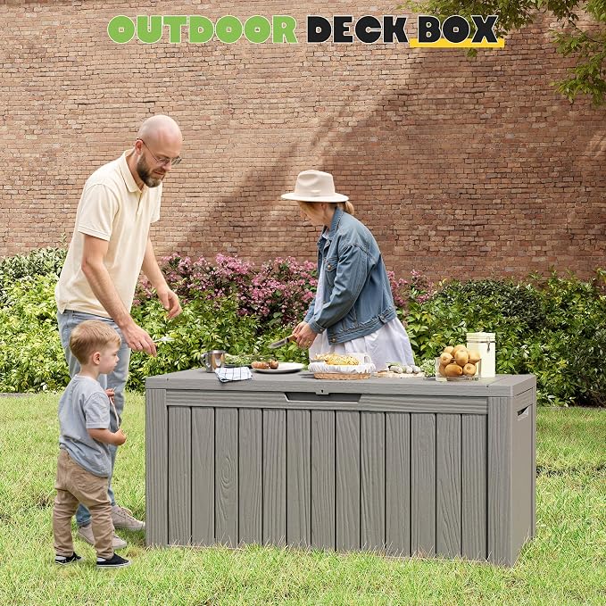 Deck Box, 82 Gallon Resin Indoor and Outdoor Storage Box Waterproof for Garden Tools, Pool Accessories Storage Bench, Patio Furniture and Cushions with Lockable Lid, Grey