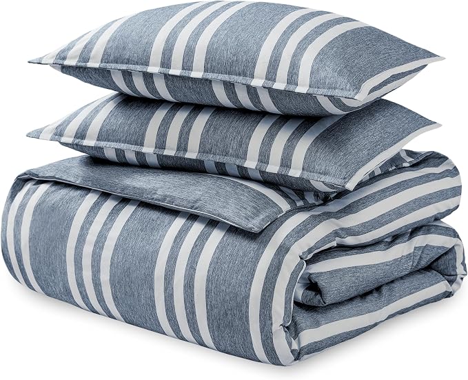Bare Home Bedding Duvet Cover Queen Size - Premium 1800 Super Soft Collection - Lightweight, Cooling, Soft Breathable Duvet Cover (Queen, Stripe - Heathered Midnight Blue)