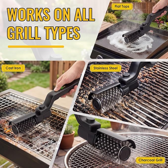 Electric Grill Brush with Grills Cleaning Spray, Cordless Electric Grill Cleaner Kit for Outdoor Grills, 3 Speed Modes & 180°Adjustable Angle, Rechargeable Waterproof Cleaner for BBQ Grates