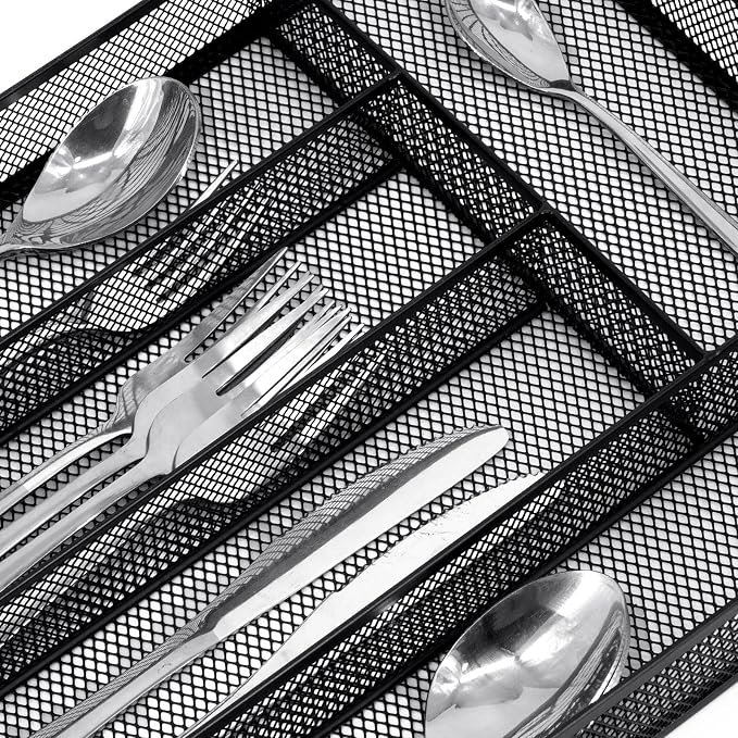 Neudeco Silverware Drawer Organizer, Black | 5 Compartment, Mesh Wire, Non-Slip Feet, Cutlery Tray
