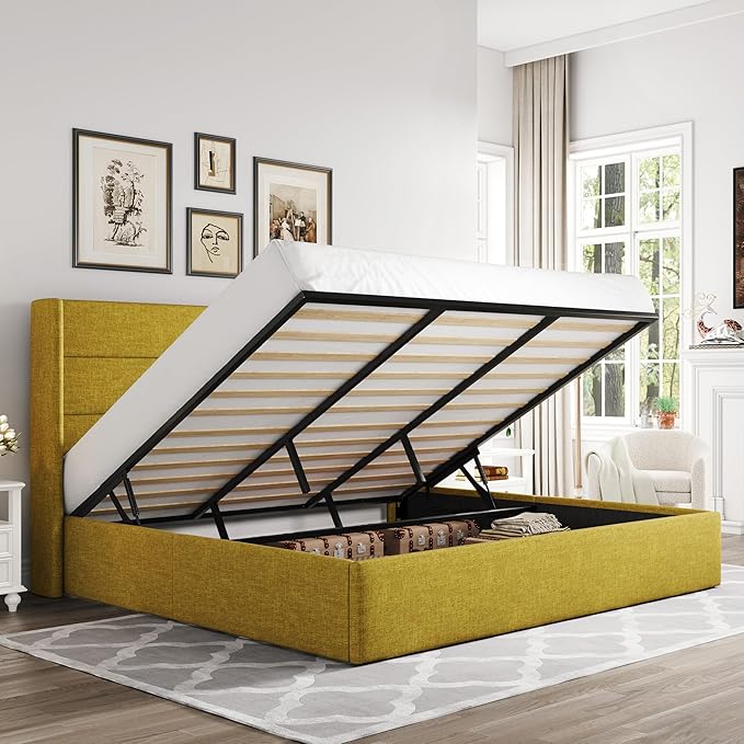 Allewie King Size Lift Up Hydraulic Storage Bed Frame Olive Yellow | Modern Wingback Headboard, Hydraulic Support Storage, No Box Spring Needed