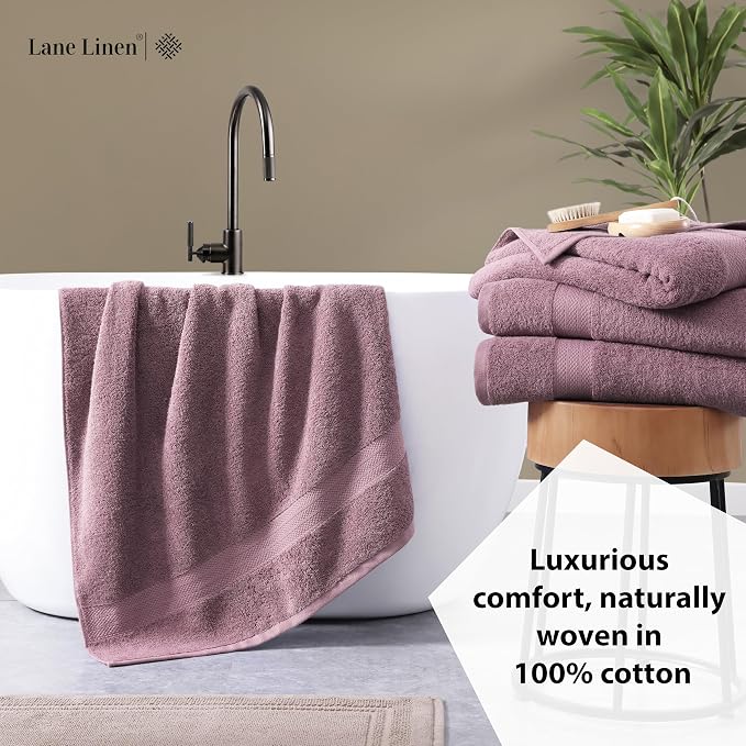 LANE LINEN Bath Towel Set Quick Dry 100% Cotton 4 Piece - Wishful Mauve | Cotton Towels - Classic Terry Weave, Densely Woven, Coordinated Colors, Dobby Border Accent, OEKO-TEX Certified