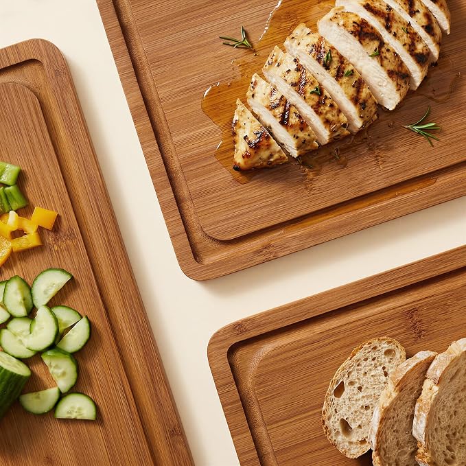 ROYAL CRAFT WOOD Wooden Cutting Boards for Kitchen Meal Prep & Serving - Bamboo Non Toxic Cutting Board Set with Deep Juice Groove Side Handles - Charcuterie & Chopping Butcher Block for Meat (3 Pcs)