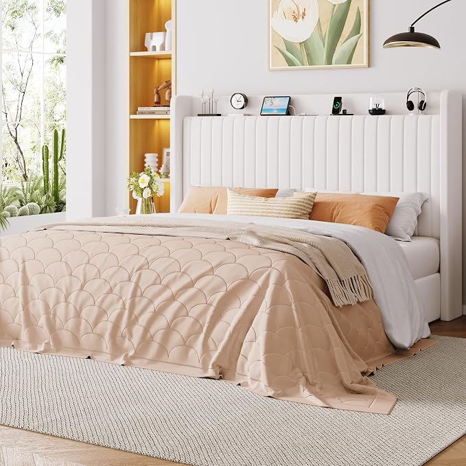Allewie King Lift Up Storage Hydraulic Bed Frame,Charging Station,White | Storage Shelf Headboard with Charging Station,Type-C,USB Ports,Hydraulic Support,Velvet Upholstered,No Box Spring Needed