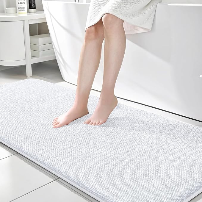 OLANLY Memory Foam Bathroom Runner Rugs 70x24, Absorbent Long Mat, White | Soft Quick Dry Bath Mat Rugs, Non-Slip, Machine Washable Mat for Bathroom Floor, Tub and Shower, Home Decor Accessories