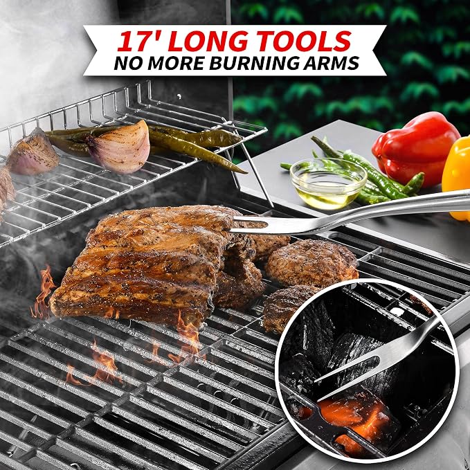 GRILAZ Heavy-Duty Rose Wooden BBQ Grilling Tools Set. Extra Thick Stainless Steel Multi-Function Spatula, Fork & Tongs | Essential Accessories for Barbecue & Grill. Ideal Gift for Father…