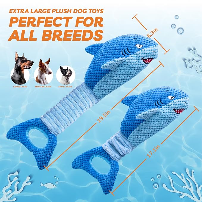 LEGEND SANDY Squeaky Dog Toys for Large Dogs – Interactive Plush Shark Toy with Crinkle & Tug of War Tail, Puppy Chew Toys for Small Medium Large Breeds