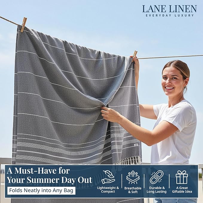 LANE LINEN Beach Blanket Sand Free, Cotton & Big Beach Towel - Smokey Black
