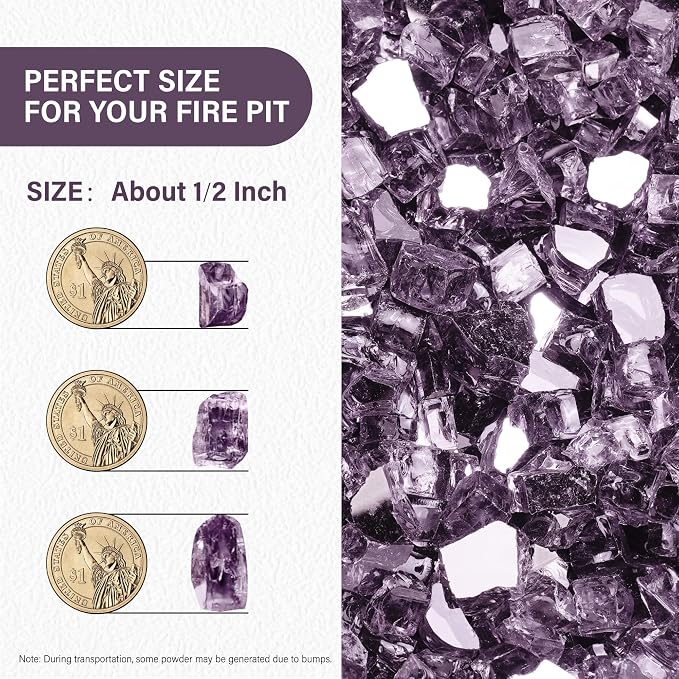 NUPICK 5 Pound Fire Glass, 1/2 Inch Reflective Fire Pit Glass | Tempered Fire Pit Rocks for Propane or Natural Gas, Glass Rocks for Fire Pit Table, Fireplace, Fire Bowl, Landscaping, Violet