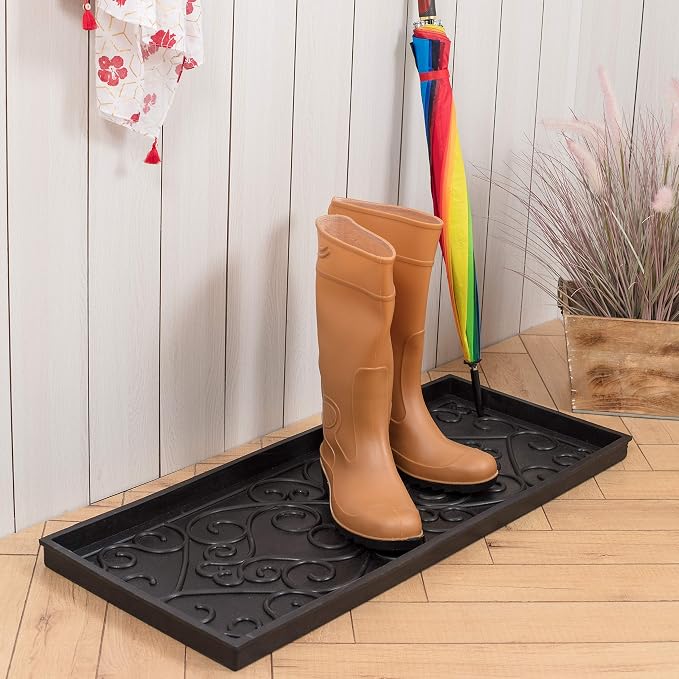 Anji Mountain Heavy Duty Waterproof Rubber Shoe Storage Mat Organizer/Boot Storage Tray Multi Use For Entryway with Coir, Tan and Black Insert , Fits 3 Pair (34.5" Wide)