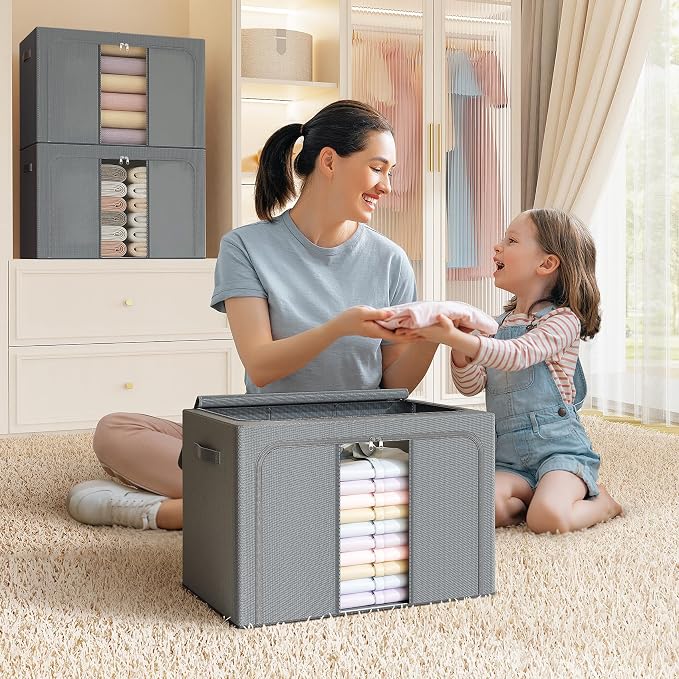 Clothes Storage Bins with Metal Frame, Foldable Clothes Organizers Storage Containers for Clothes, Sheets, Blankets, Pillows and Towels （66L, 3 Pack, Deep Grey