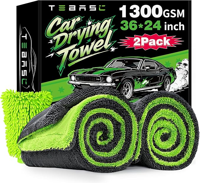 2-Pack Car Drying Towels 24x36 Inch 1300GSM, Twisted Loop Microfiber Cloth for Auto Detailing - Super Absorbent, Lint-Free & Streak-Free for SUV, Truck & Window (Gray-Green)
