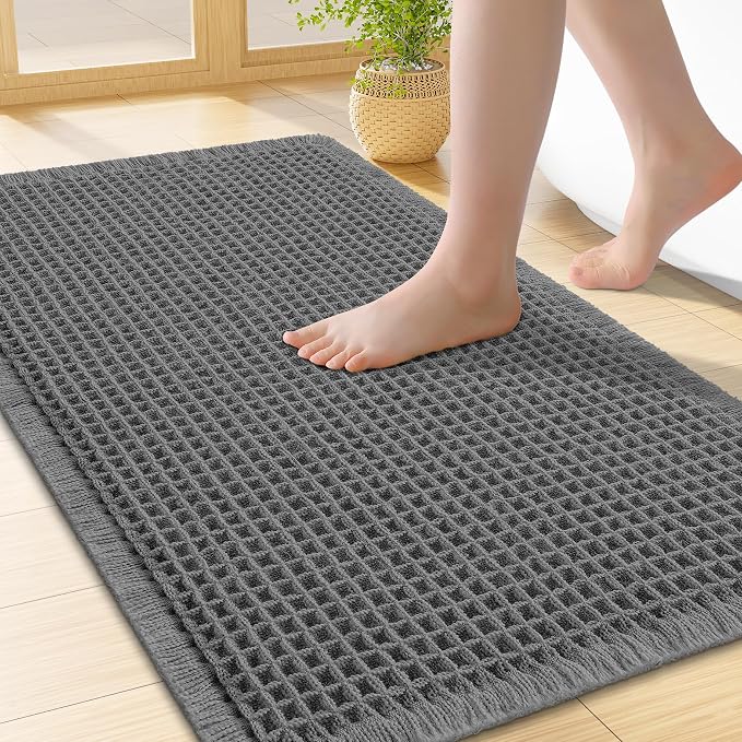 Smiry Waffle Bath Mat 24x16, Extra Soft Absorbent Bathroom Rugs, Non Slip Machine Washable Quick Dry Bath Rugs for Bathroom Floor, Tub, Shower, Home Decor Accessories, Dark Grey