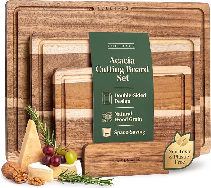 Acacia Wood Cutting Boards for Kitchen Set of 3, Double sided | Non toxic chopping boards: cut one side, serve on the other; FSC wooden, large kitchen boards for charcuterie