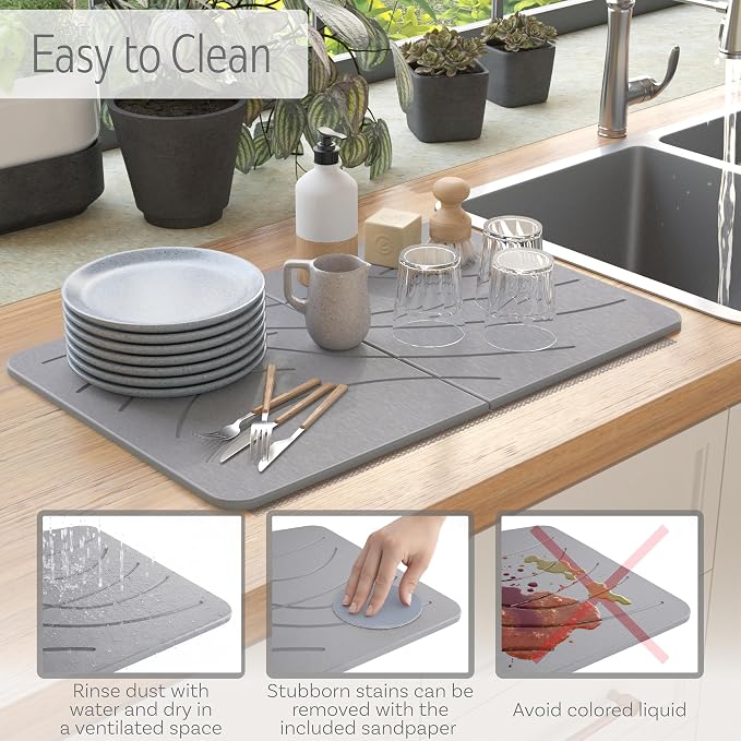 LARGE | PREMIUM | Stone Dish Mat + Bamboo Rack | 24” x 16” | Foldable (Light Gray)