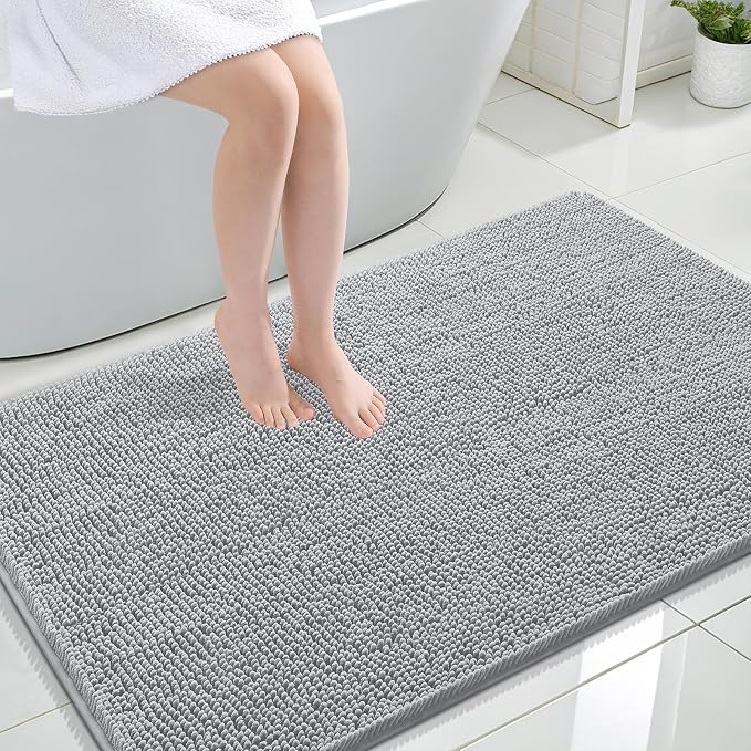 OLANLY Large Bathroom Rugs 47x32, Extra Soft Absorbent Chenille Bath Rugs, Rubber Backing Quick Dry, Machine Washable Bath Mats for Bathroom Floor, Tub and Shower, Home Decor Accessories, Light Grey