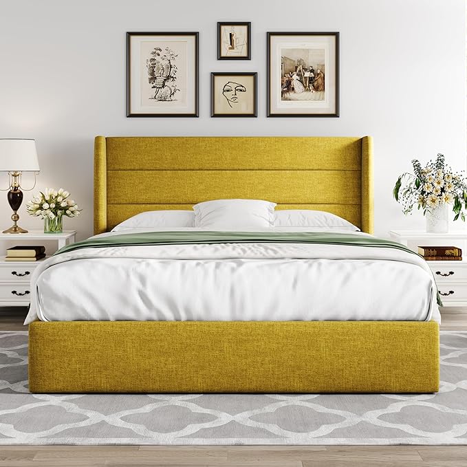 Allewie Full Size Lift Up Hydraulic Storage Bed Frame Olive Yellow | Modern Wingback Headboard, Hydraulic Support Storage, No Box Spring Needed