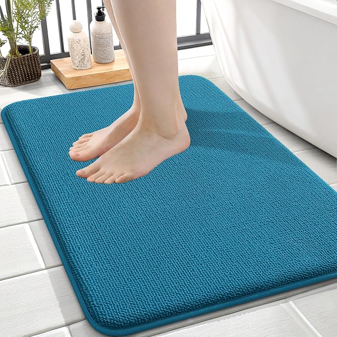 OLANLY Memory Foam Small Bathroom Rugs 24x16, Absorbent Mat, Peacock Blue | Soft Quick Dry Bath Mat Rugs, Non-Slip, Machine Washable Mat for Bathroom Floor, Tub and Shower, Home Decor Accessories