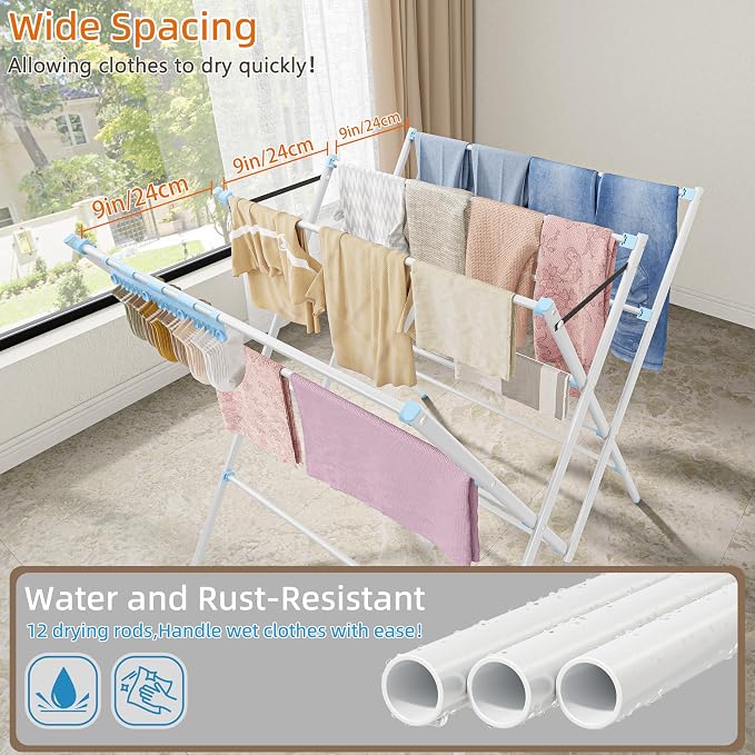 HOMIDEC Drying Rack Clothing,Large 12 Drying Poles with Sock Clips Clothes Drying Rack,Foldable Portable Laundry Drying Rack for Air Drying Clothing,Towels,Delicate Eac,Indoor Outdoor Use.White&Blue