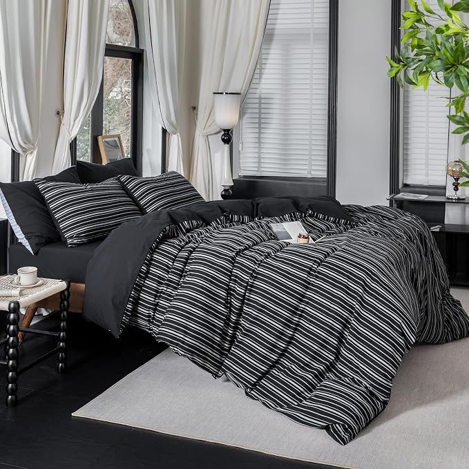 Reversible Duvet Cover Set 100% Washed Cotton Black Stripe Linen Feel Duvet Cover Queen Size with Zipper Closure & 2 Pillow Shams, Black/White Stripe Reverse Solid Black