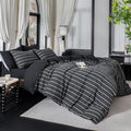 Reversible Duvet Cover Set 100% Washed Cotton Black Stripe Linen Feel Duvet Cover Queen Size with Zipper Closure & 2 Pillow Shams, Black/White Stripe Reverse Solid Black