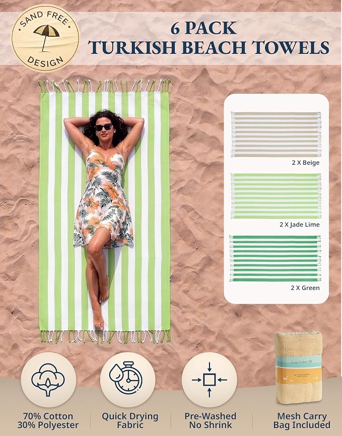 LANE LINEN 6 Pack Bulk Beach Towels, Oversized, 39"x71" - Ocean Stripes | Classic Cabana Stripe - Reinforced Hems, No Fraying - Fade & Shrink Resistant - Compact & Vacuum-Packed - Absorbent
