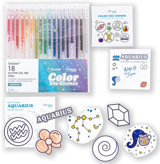 A Brighter Year Large Color The Cosmos Aquarius Bundle - Adult Mini Coloring Book (3" x 3" - 50 Pages), Post It Notes (50-3” x 3”), Stickers, & Gel Pens - Stress Relief, Mindfulness, Gift, Travel