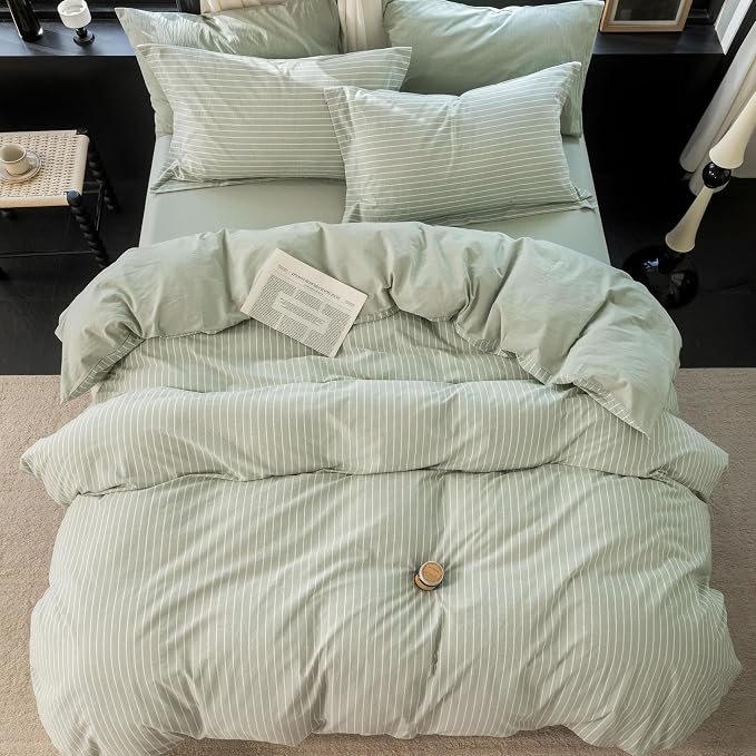 Reversible Duvet Cover Set 100% Washed Cotton Green Stripe Linen Feel Duvet Cover Queen Size with Zipper Closure & 2 Pillow Shams,Celadon Green/White Stripe Reverse Solid Celadon Green