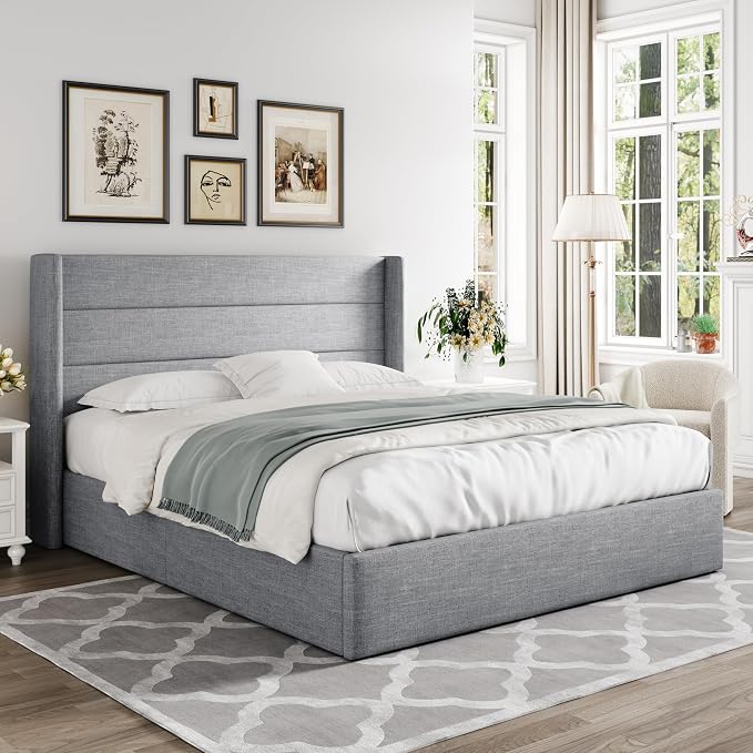 Allewie Queen Size Lift Up Hydraulic Storage Bed Frame Light Grey | Modern Wingback Headboard, Hydraulic Support Storage, No Box Spring Needed