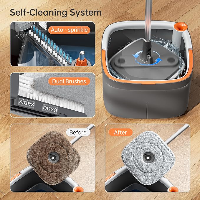 Spin Mop and Bucket Set with 2 Replaceable Microfiber Mop Pads with Self Separation Dirty and Clean Water System, Self Wringing 360° Rotating Square Mop Head for Hardwood Tile Marble Floors