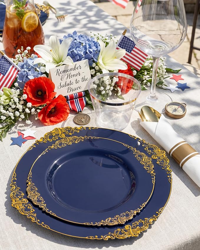 Nervure 350Pcs Blue Plastic Plates - Blue Gold Plastic Dinnerware Sets for 50 Guests - 100 Navy Gold Disposable Plates, 50 Pre Rolled Silverware, 50 Cups Perfect for Wedding & Party & Memorial Day