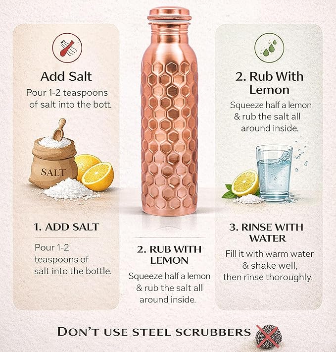 Copper Water Bottle 32 Oz Extra Large, Real Copper Drinking Bottle, Honeycomb Ayurvedic Bottle for Drinking Water, Leak Proof Vessel with Cleaning Brush, Home Office Use