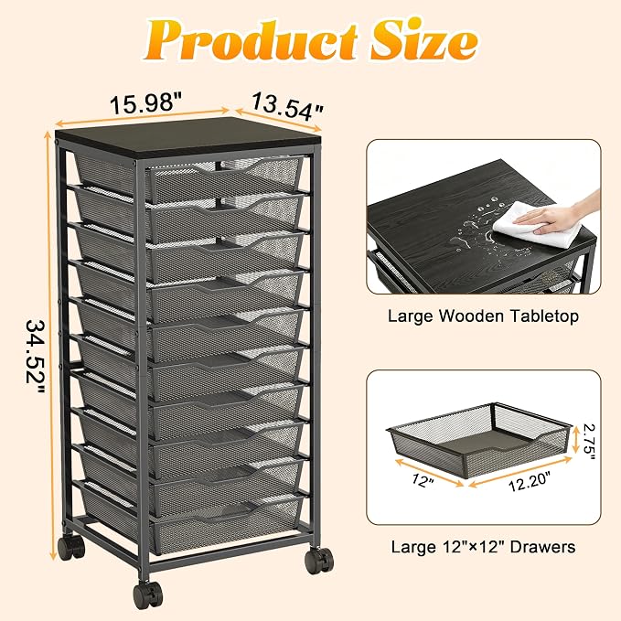 10-Drawer Rolling Storage Cart, Craft Organizers and Storage, Black | 12x12 Inch Storage Drawers for Scrapbook Paper,Classroom,Craft,Bathroom,Teacher,Office,Art,Metal Organizer Cart with wheels