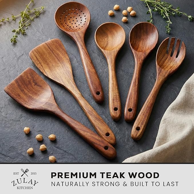 Zulay Kitchen 6 Piece Wooden Spoons for Cooking – Natural Teak Wooden Utensil Set, Easy to Clean, Durable, Smooth with Comfort Grip - Non Toxic Wooden Cooking Utensil Sets