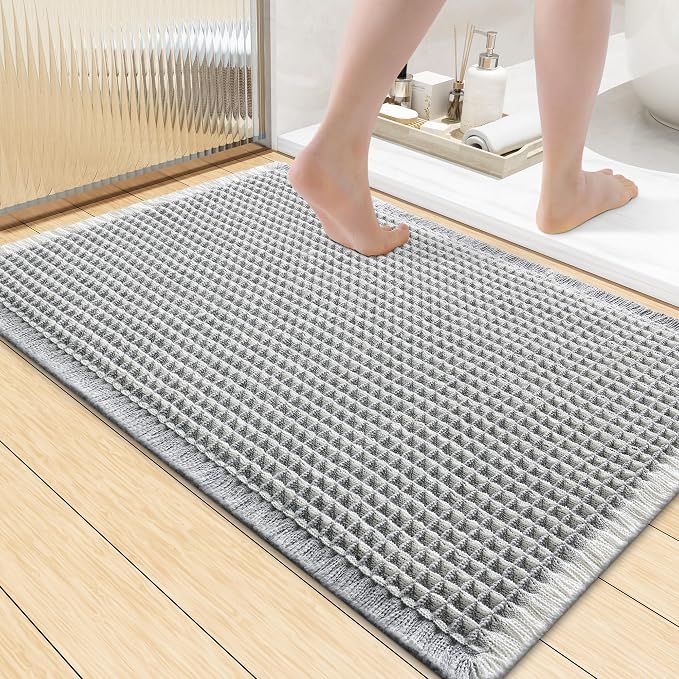 Smiry Waffle Bath Mat 36x24, Extra Soft Absorbent Bathroom Rugs, Non Slip Machine Washable Quick Dry Bath Rugs for Bathroom Floor, Tub, Shower, Home Decor Accessories, Lightgrey & Cream